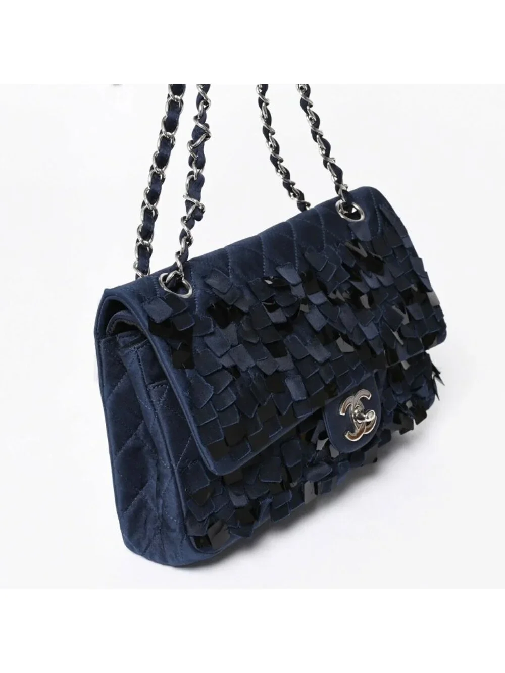 Chanel Quilted 25 Double Flap Chain Shoulder Bag CC Logo Satin Sequin Navy